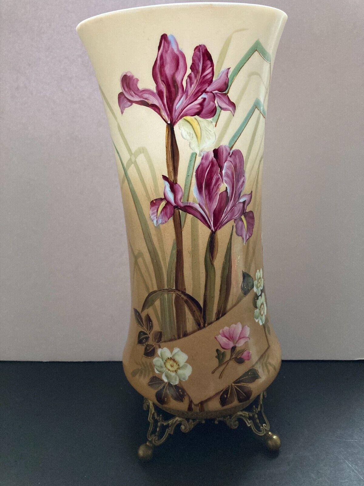 14” tall Hand painted ormulu footed Vase France
