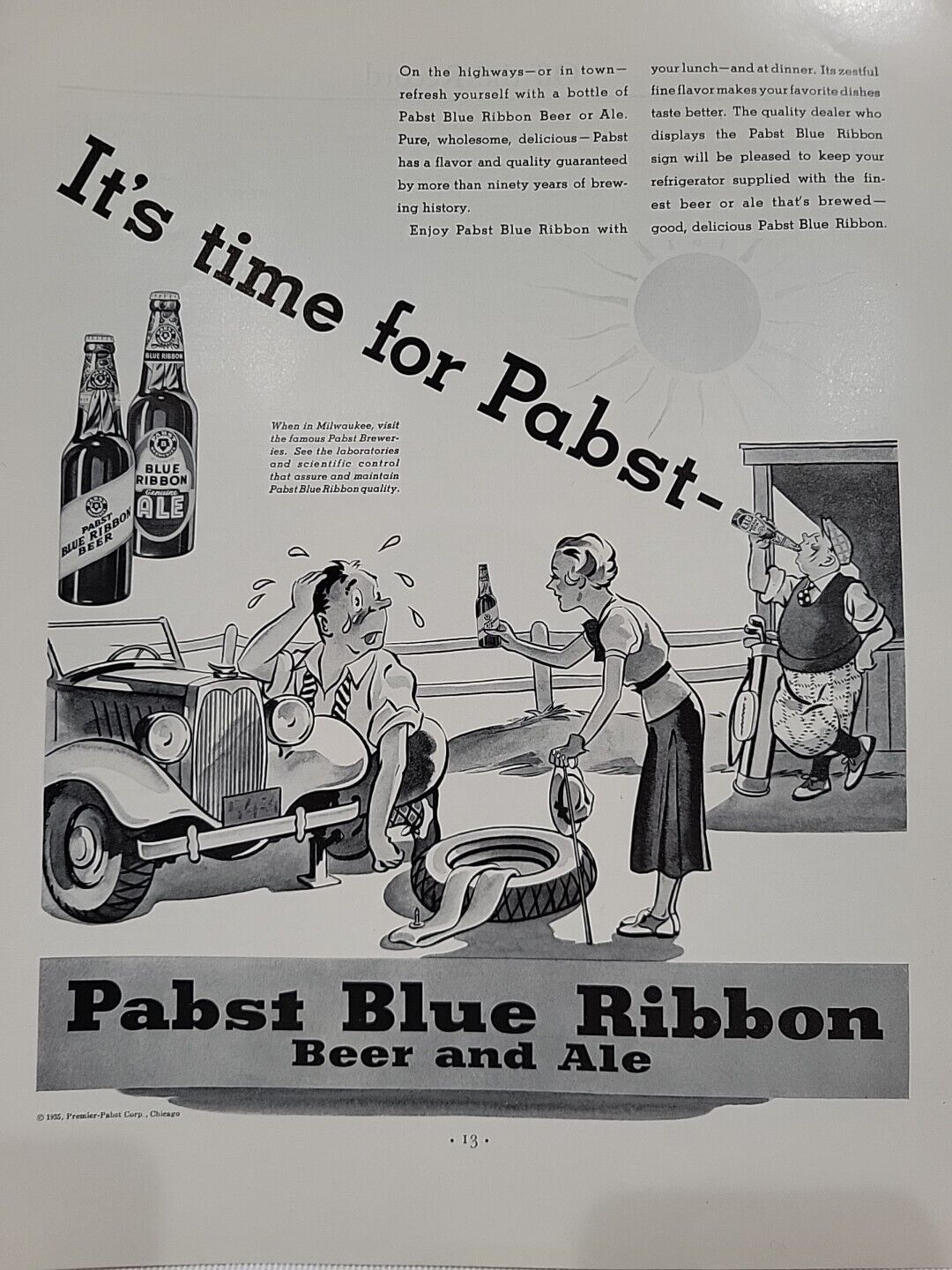 1935 Pabst Blue Ribbon Beer Ale PBR Fortune Magazine Print Ad bottles car