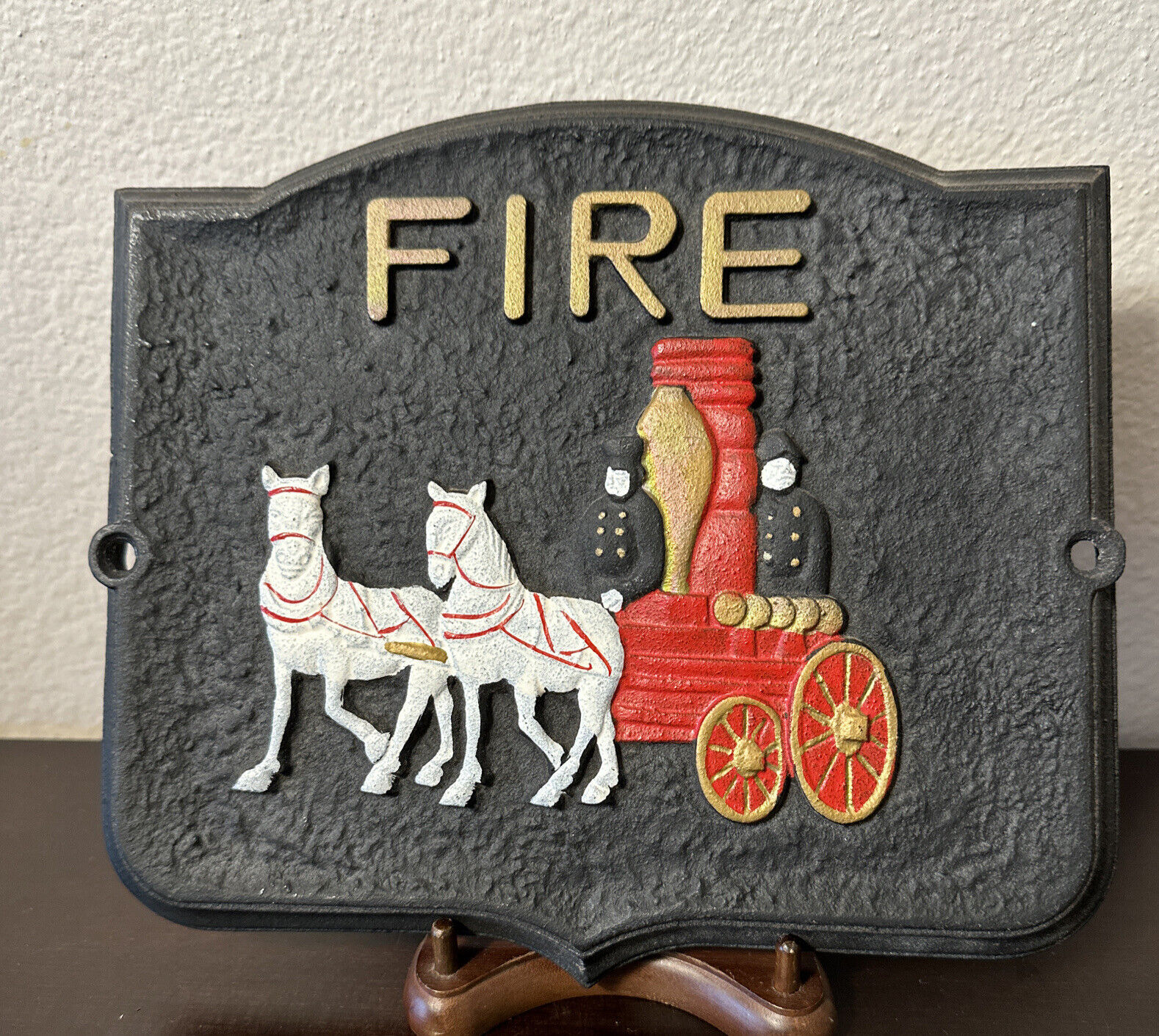 VTG FIRE Cast Iron Sign Horse Drawn Fire Engine A Price Import JAPAN 9.5x8.5”