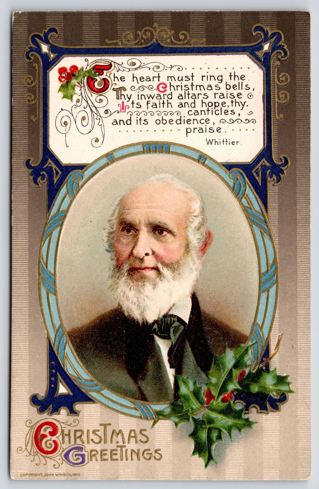 Christmas~John Greenleaf Whittier Portrait~Author Poem~Holly~1910 John Winsch