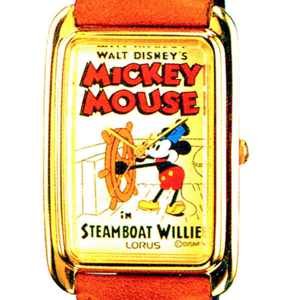Mickey Steamboat Willie Poster Watch Seiko Lorus GoldTone Rectangular RMF826 $99