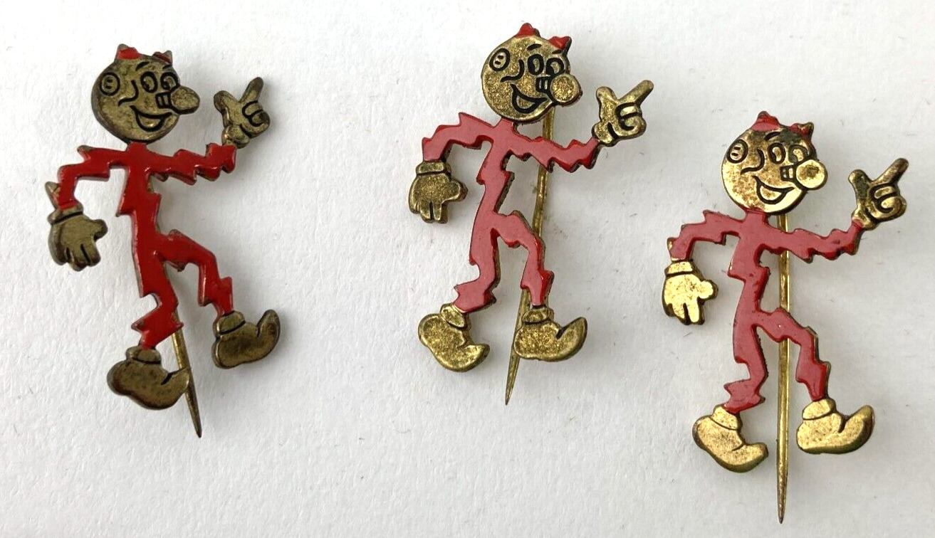 3 MR Mr. Reddy Kilowatt Electric Co Mascot Red Gold Stick Pin Advertisement Vtg