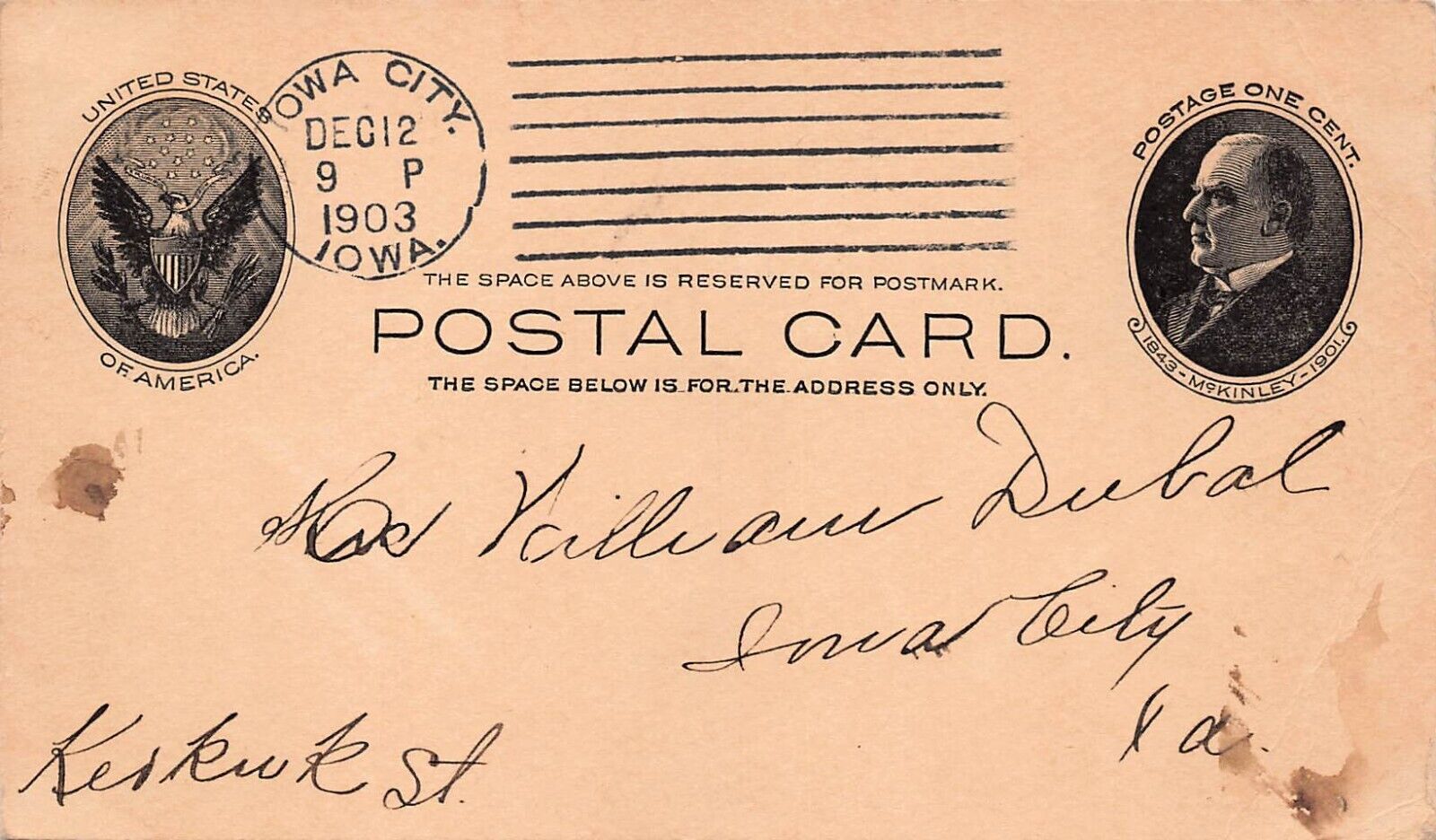 William Dubal Iowa City 1903 December Birthday Keokuk Street Vtg Postcard D50
