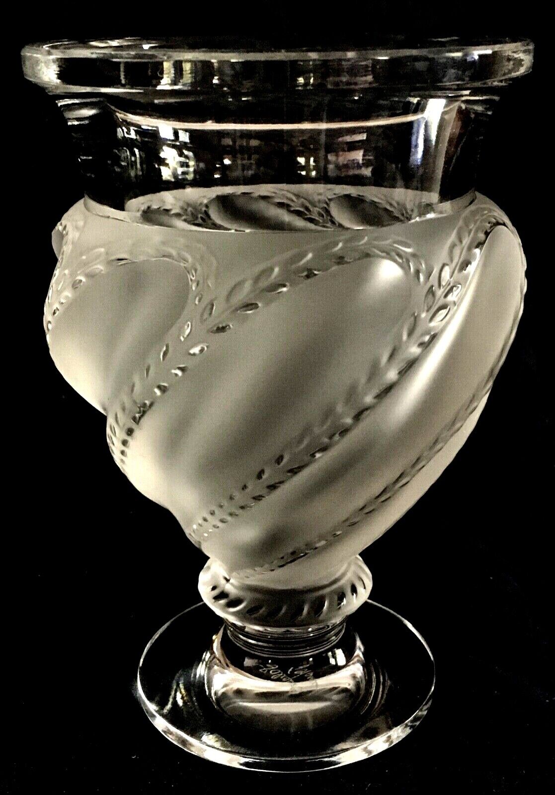 LALIQUE Ermenonville Swirl Pattern, Footed Vase. Frosted & Clear Crystal 5 5/8”.