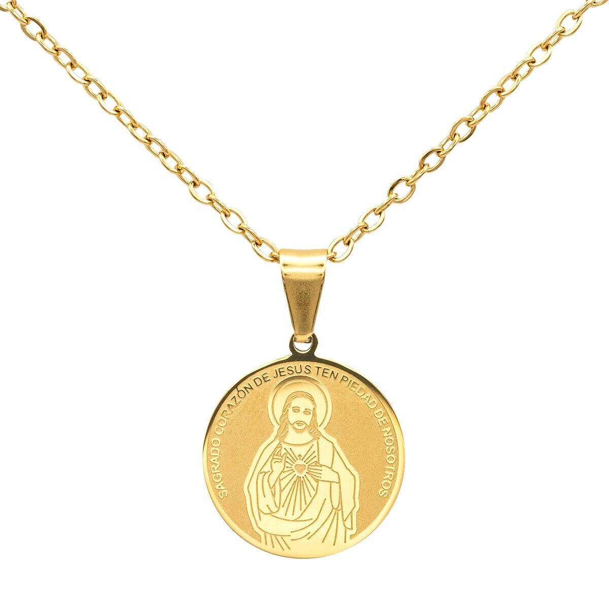 Catholic Town Stainless Steel Sacred Heart of Jesus Medal Necklace (SSPSCPNM-G)