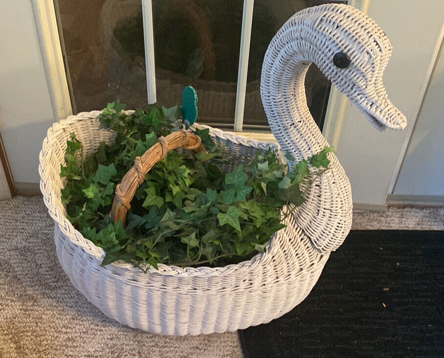 Vintage Rattan Swan Basket White Wicker Planter - Plant NOT Included