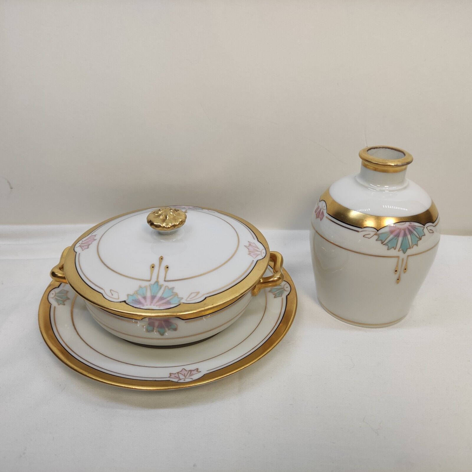  W.A.Pickard Hand Painted Gold Trim Art Deco Covered Bowl &Underplate & Bottle 