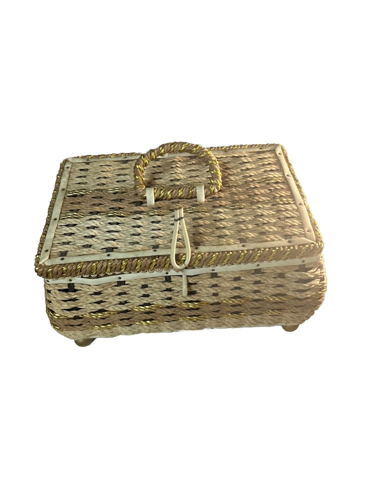 Vtg 60s Sewing Box Basket Woven reed Ball Feet Cream Brown Gold 9x6x5”