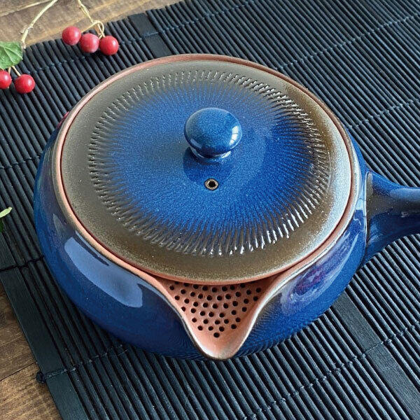 Japanese Kyusu Teapot with Tea Strainer Green Tea Tokoname Yaki Ware Deep Blue