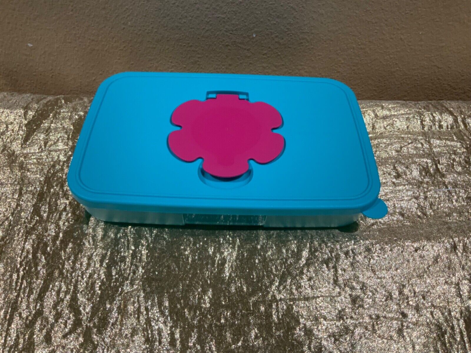 New Tupperware Baby Wipe Storage Container Aqua with a Pink Flower Opening