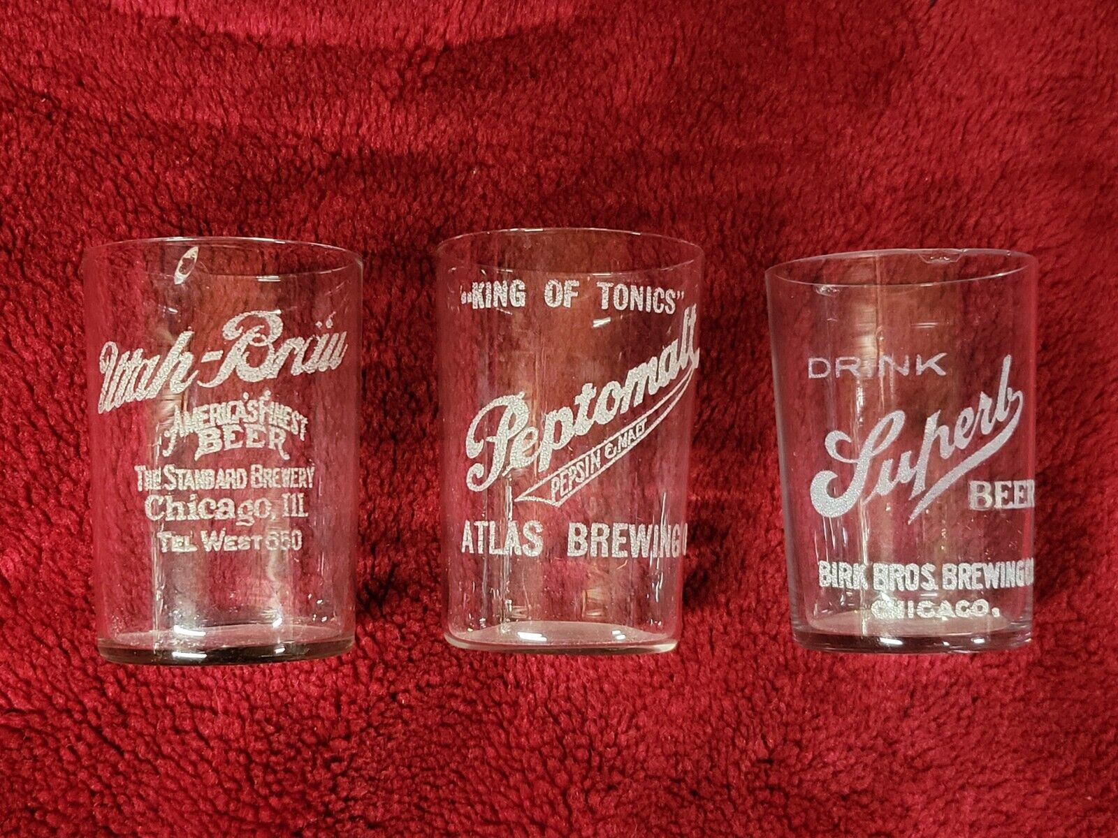 3 Pre Prohibition Beer Glasses Peptomalt Atlas Brewing Utah Brau Superb Chicago