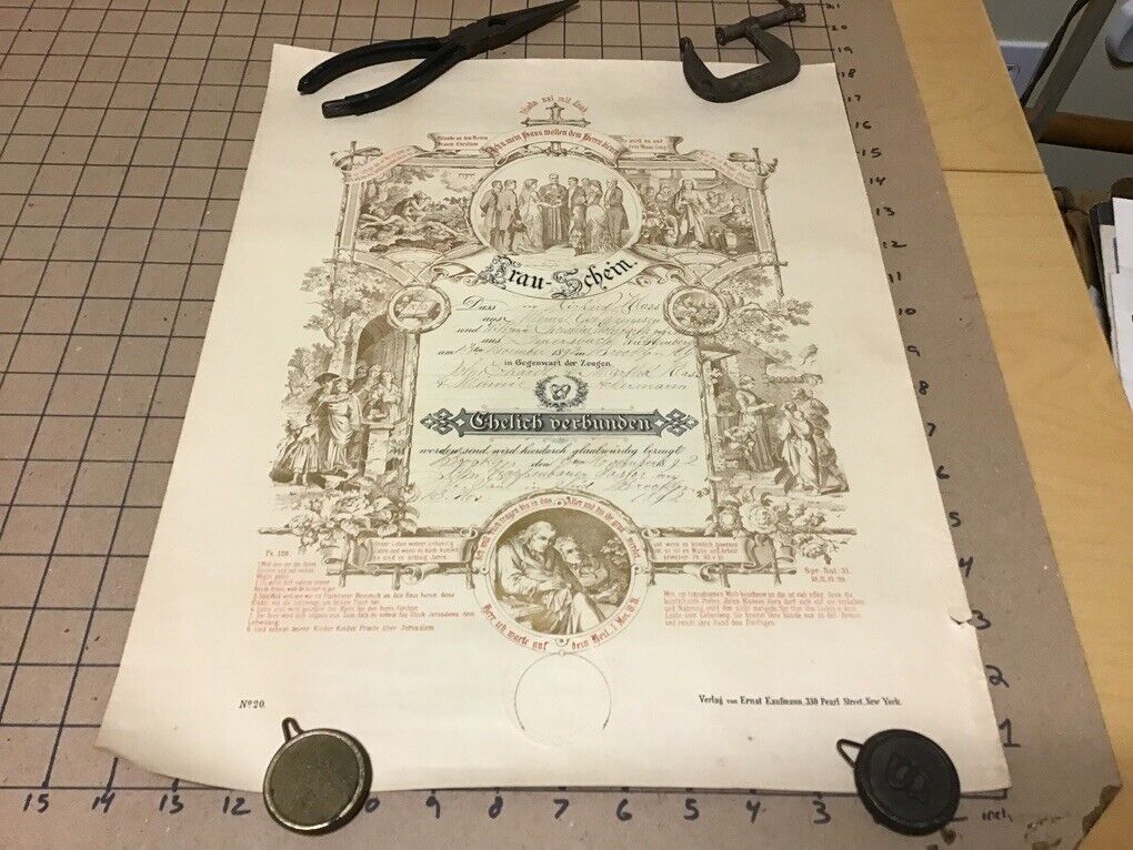 Vintage Original 1892 german wedding - BROOKLYN NY - certificate - 