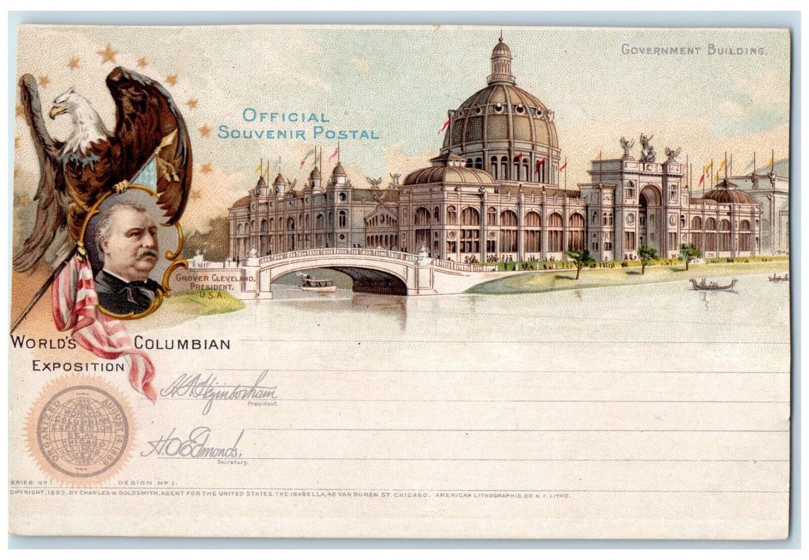 c1893 Government Building Official Souvenir Columbian  Chicago Illinois Postcard