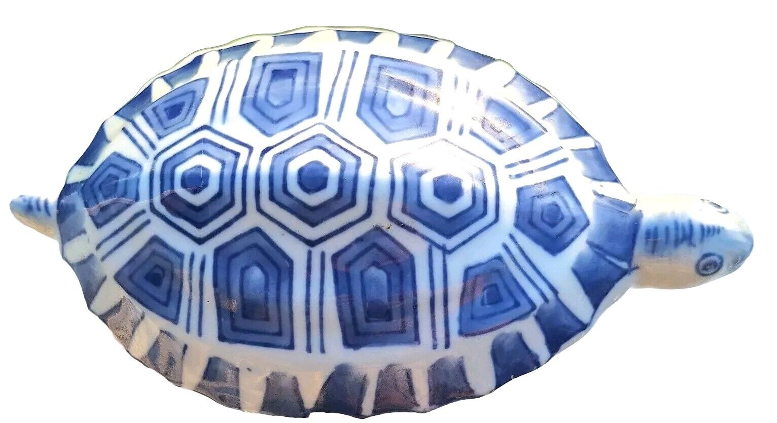 Vtg Blue & White Ceramic Tortoise Turtle Anthropomorphic Boho Asian 1970's 