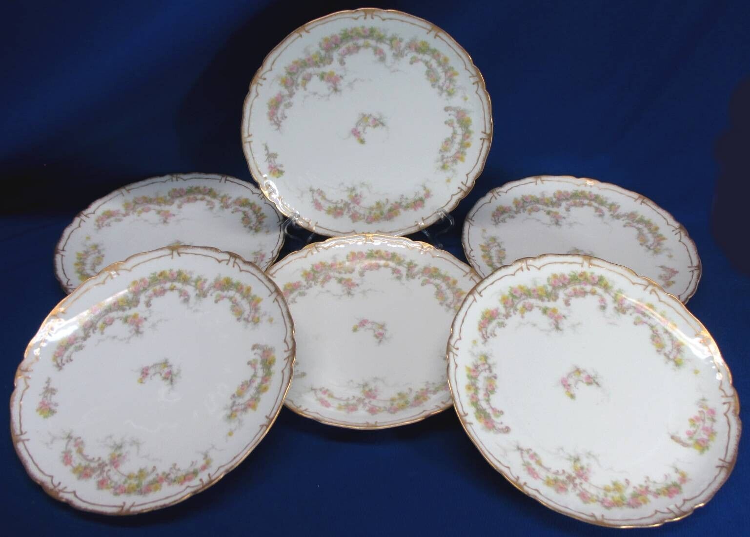 SET OF 6 HAVILAND LIMOGES PINK, YELLOW, & GREEN W/ HEAVY GOLD 8.75