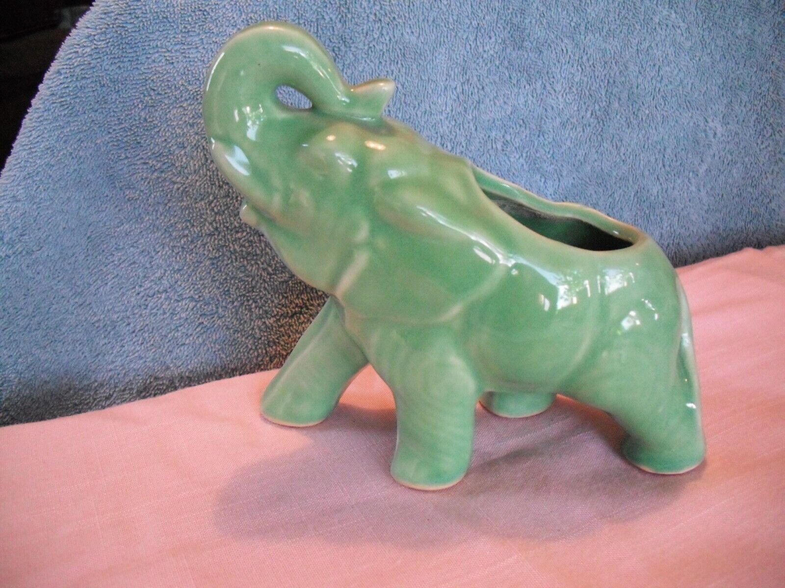 Vintage Green Glazed Ceramic Elephant Planter Raised Trunk