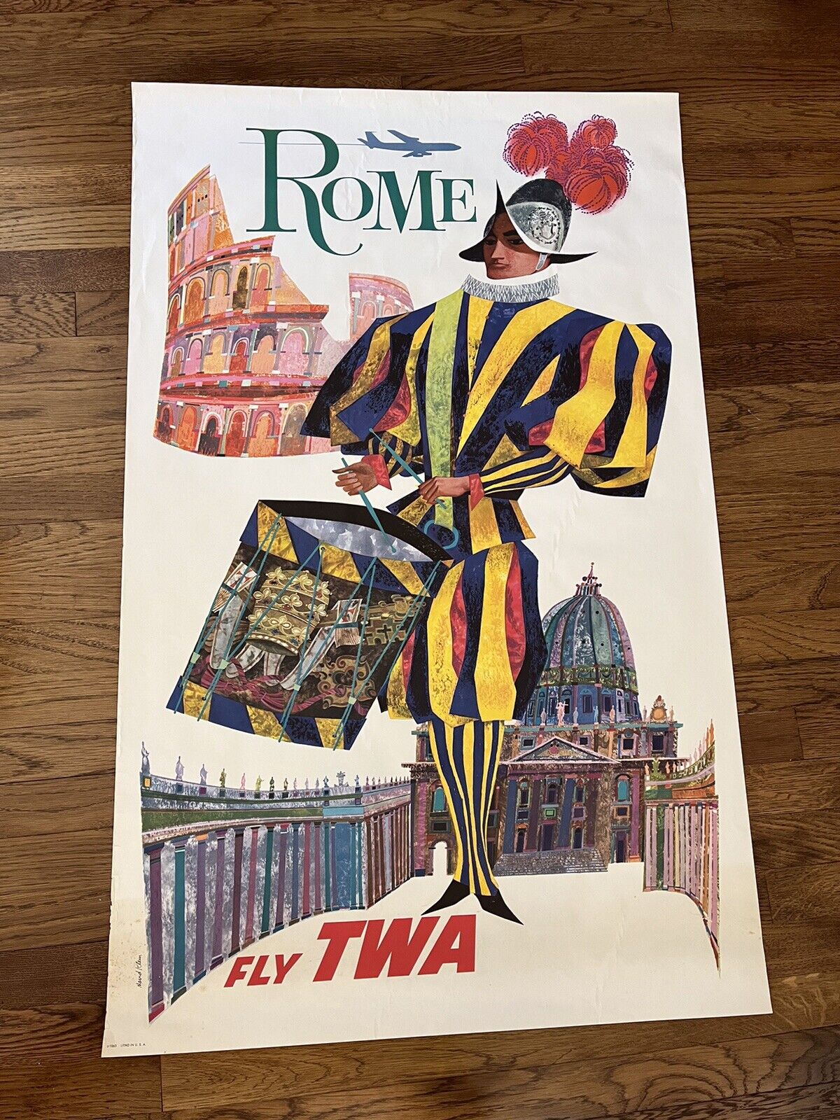 Original Vintage 1960's ROME Fly TWA Airline Poster David Klein 25”x40”