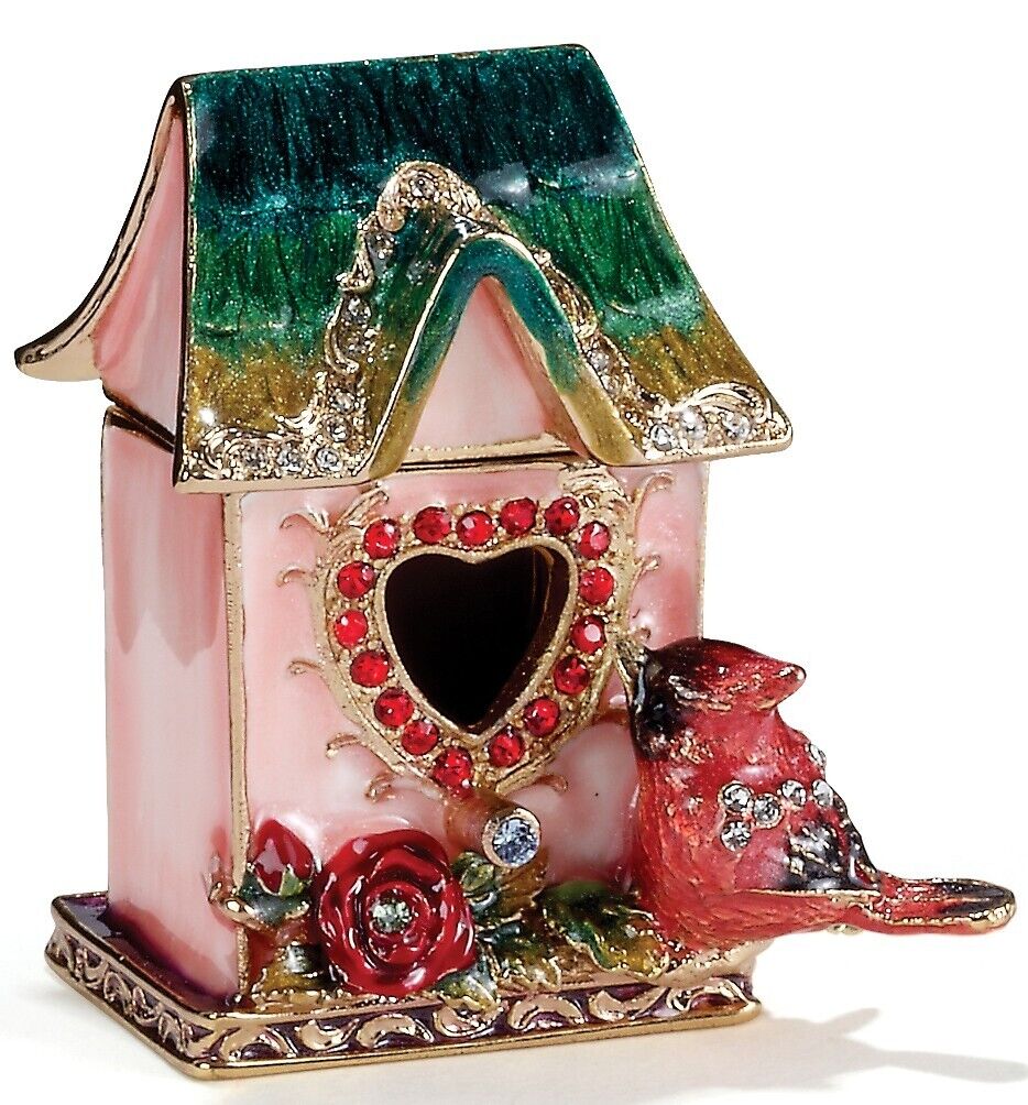 Kubla Craft Bejeweled Enameled Trinket Box: Cardinal Birdhouse Box, Item # 3349