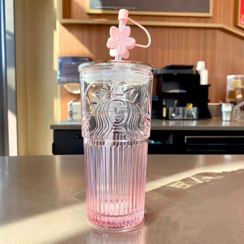  New Starbucks Glass Cup Gradient Sakura Tumbler w/Cherry blossom Topper