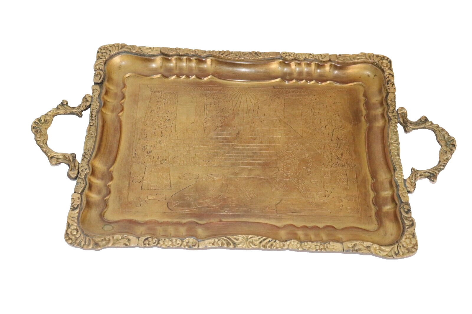 Rare Vintage Egyptian Inlaid Brass Copper Decorative Serving Tray.