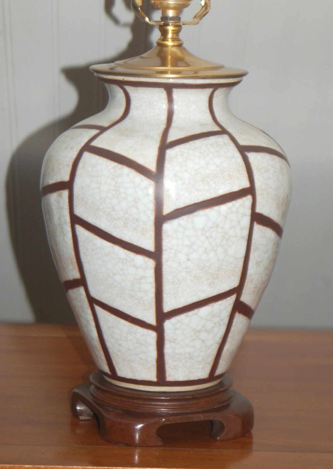 CHINESE CRACKLE Vase LAMP Geometric Modern Brass Celadon Tea Stain Ginger Jar Ge