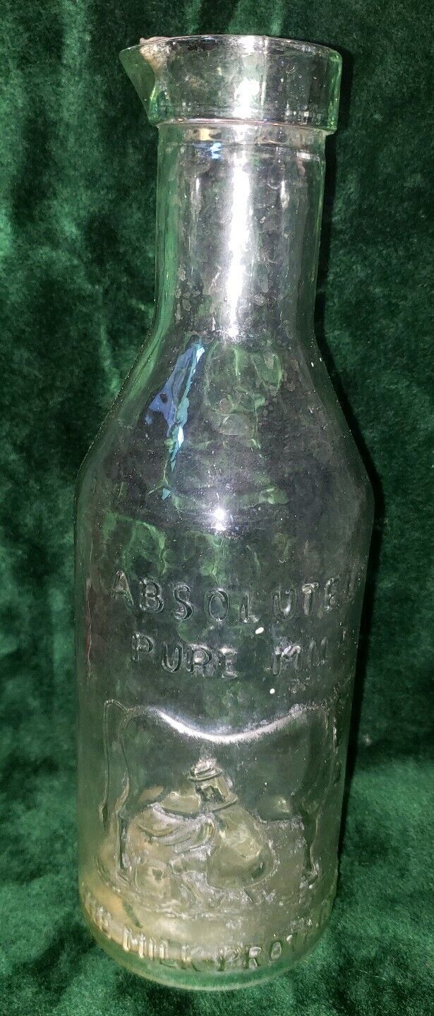 Vintage Absolutely Pure Milk The Milk Protector Glass Bottle Jug Pitcher 13.5\