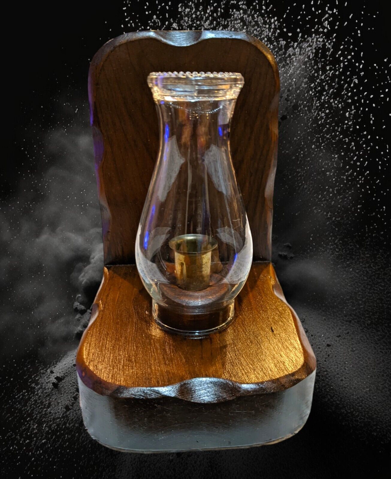 VTG Modernist Brutalist LG Wooden Bookend Glass Lantern Candlestick Brass Holder