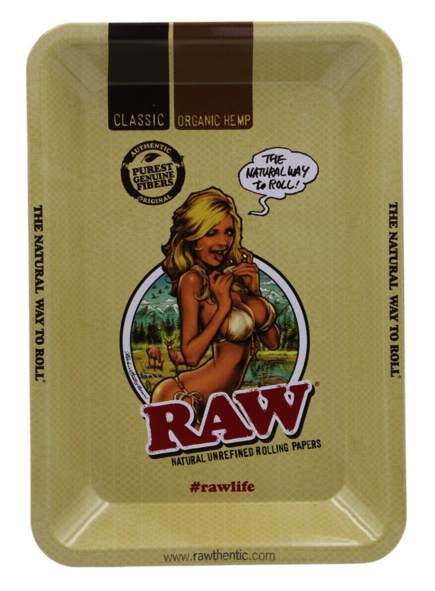 Raw Metal Rolling Tray - Bikini Girl Smoking Tobacco - Mini (18x12.5cm)