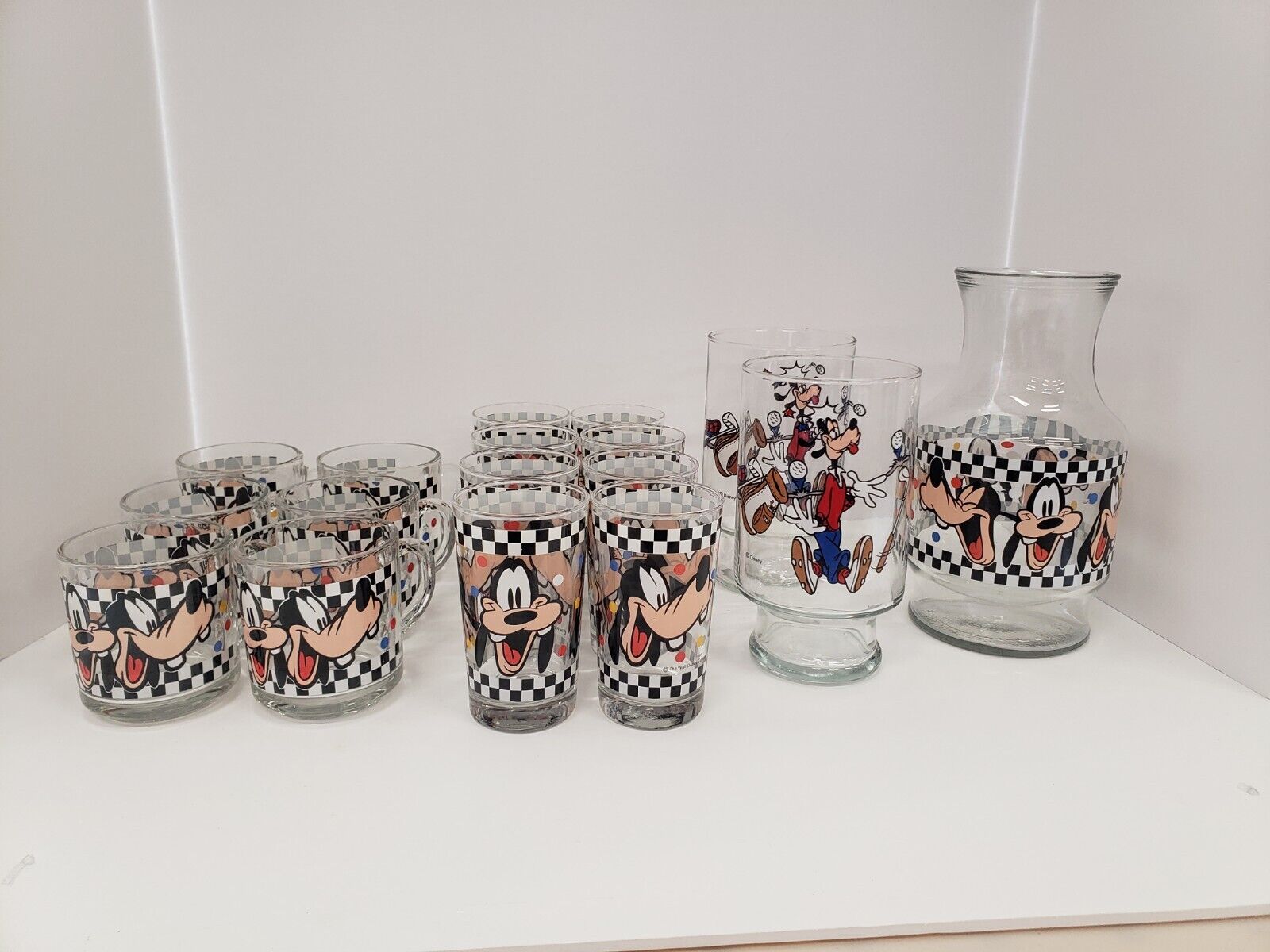 Vintage Disney Goofy Faces Checkerboard Glasses 17pc Set