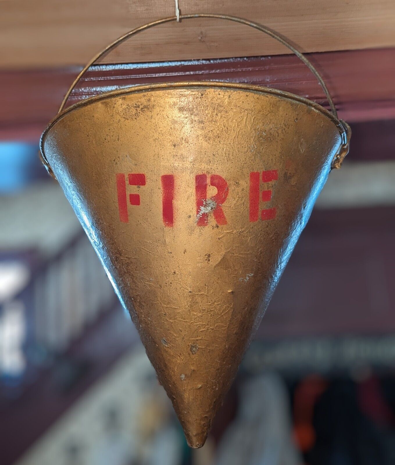 Antique Uncommon Red on Gold Tin Fire Bucket Cone 