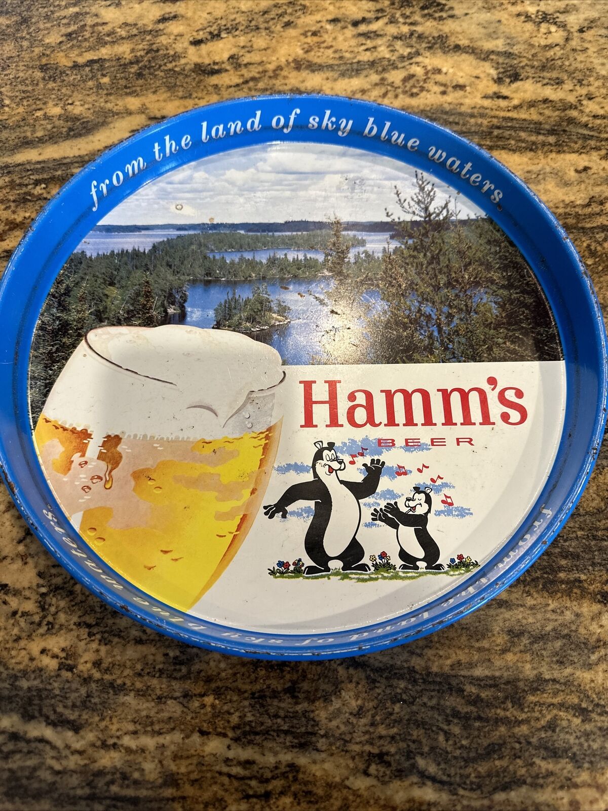 Vintage Hamm\'s Beer Round Serving Tray Dancing Bears Blue Metal Bar Tavern 12\