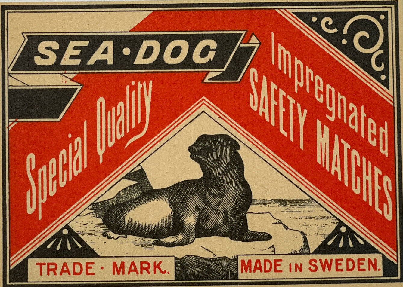SEA DOG SAFETY MATCHES MATCH BOX LABEL c. 1900 MADE in SWEDEN RARE X-Large