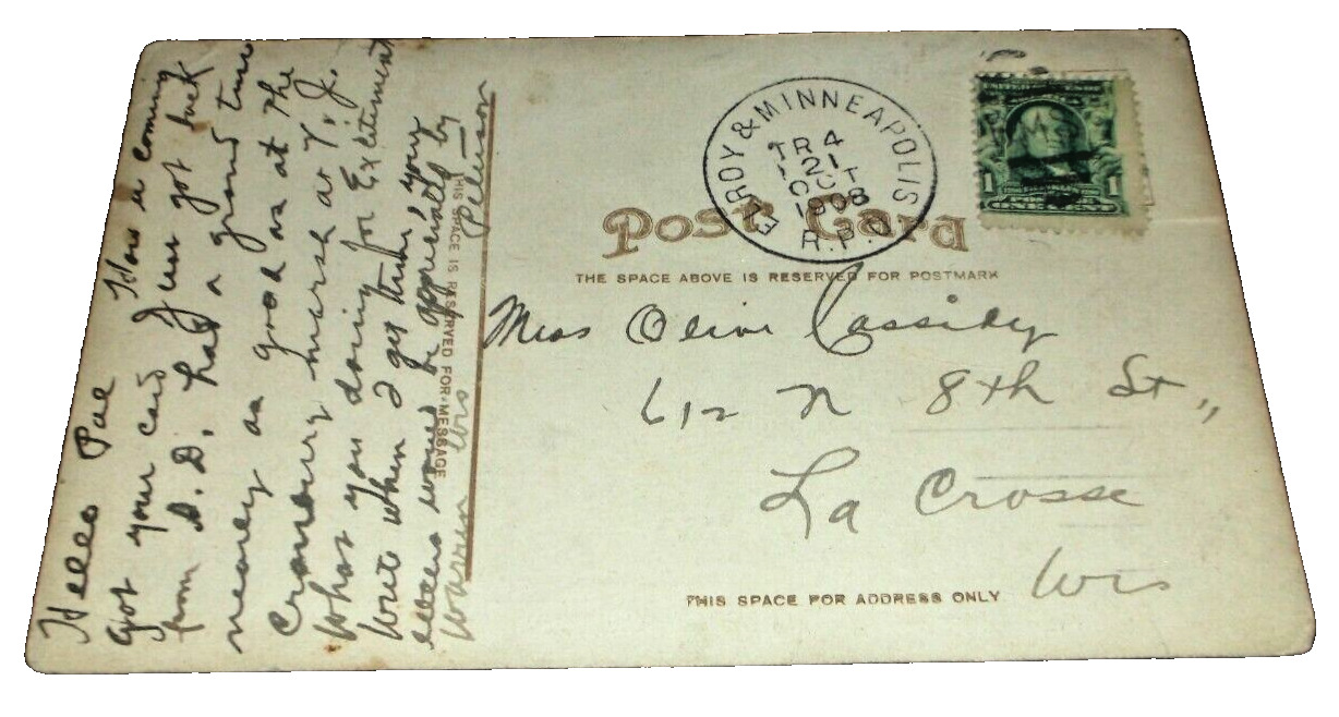 1908 C&NW CHICAGO & NORTH WESTERN ELROY & MINNEAPOLIS RPO HANDLED POST CARD
