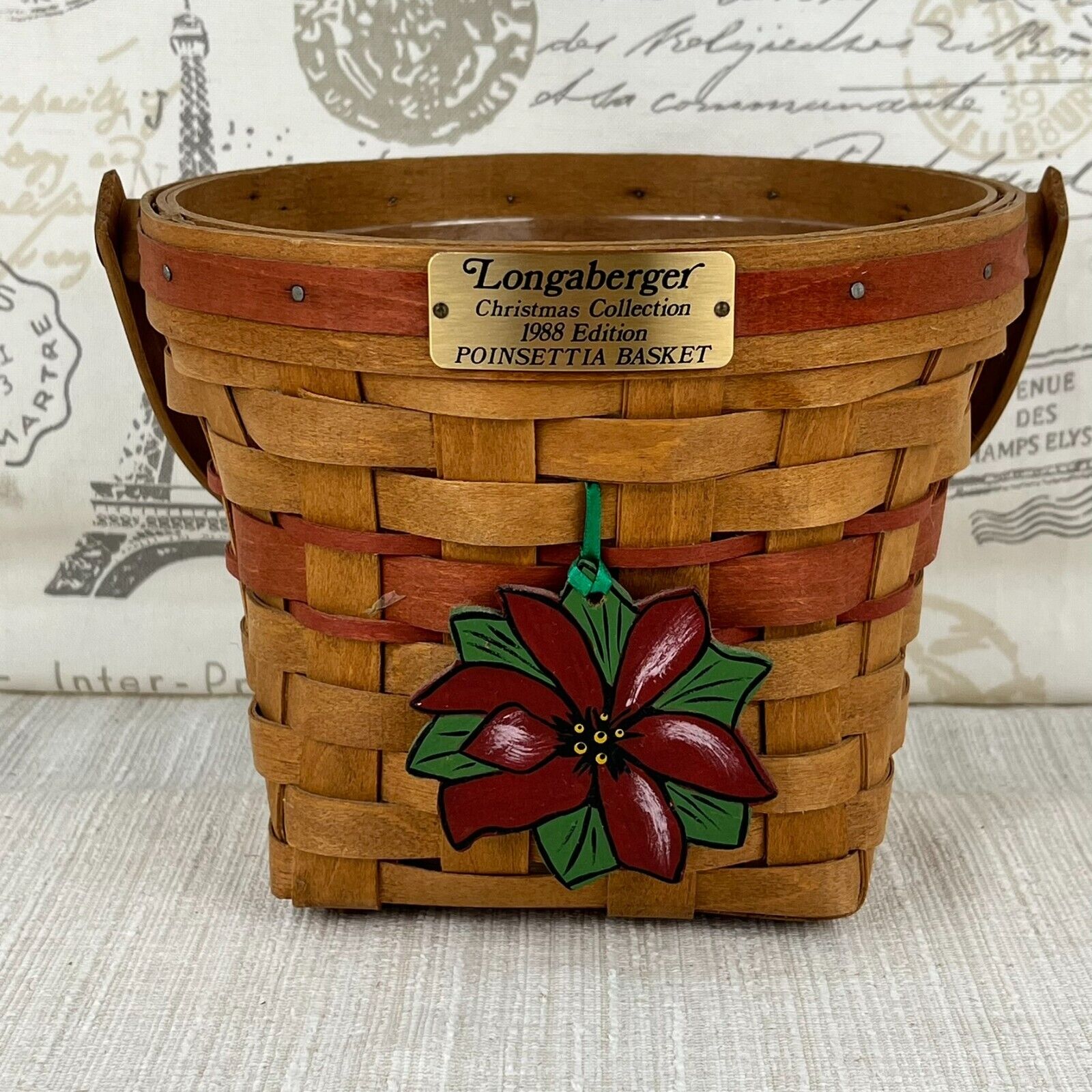 Longaberger 1988 Christmas Collection Poinsettia Basket with Tie-On + Protector