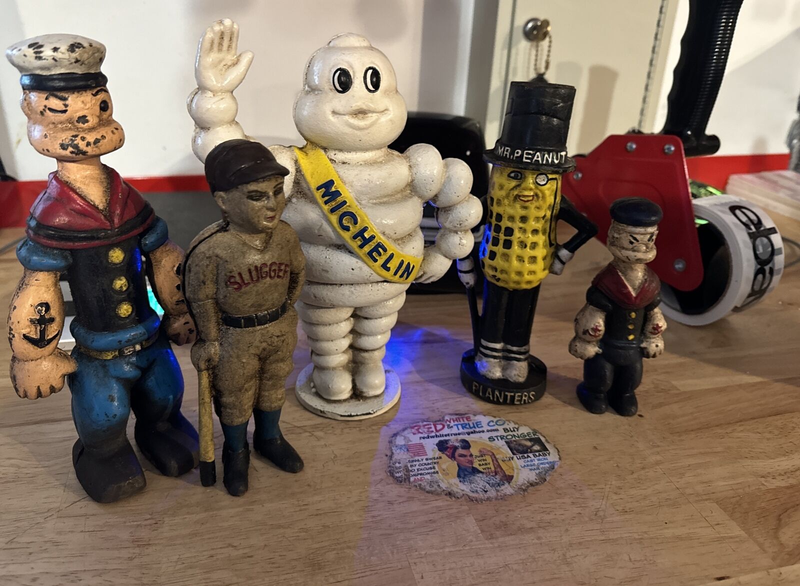 Michelin Mr. Peanut Popeye Bambino Piggy Bank Lot x5 Cast Iron Patina Collector