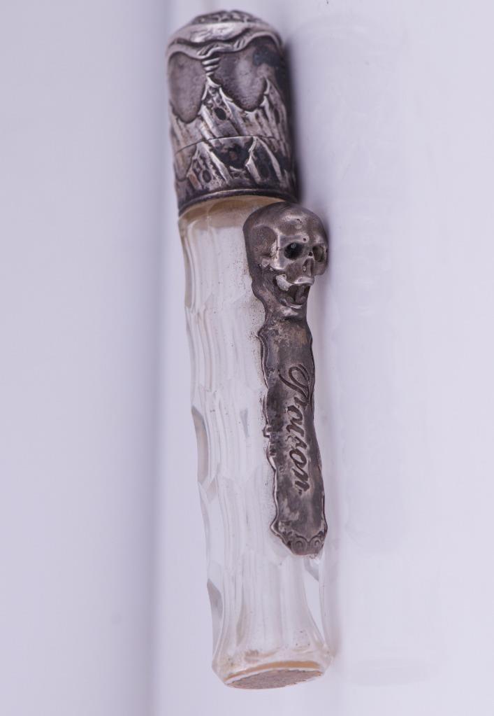 Antique Victorian Medicine Poison Bottle Silver Crystal c1870s Skull Warning Tag
