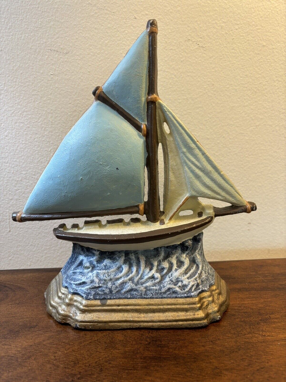 Vintage Sailboat Cast Iron Doorstop Nautical Maritime Display Collectible 10x9”