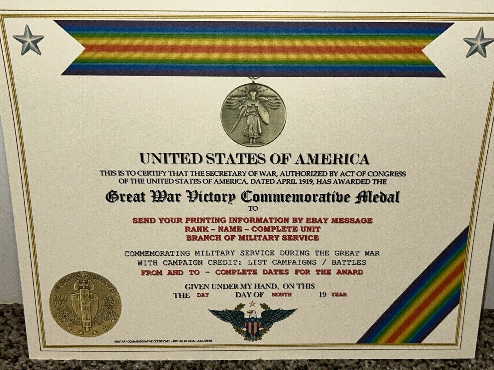 GREAT WAR VICTORY COMMEMORATIVE MEDAL CERTIFICATE ~ W/PRINTING TYPE-1