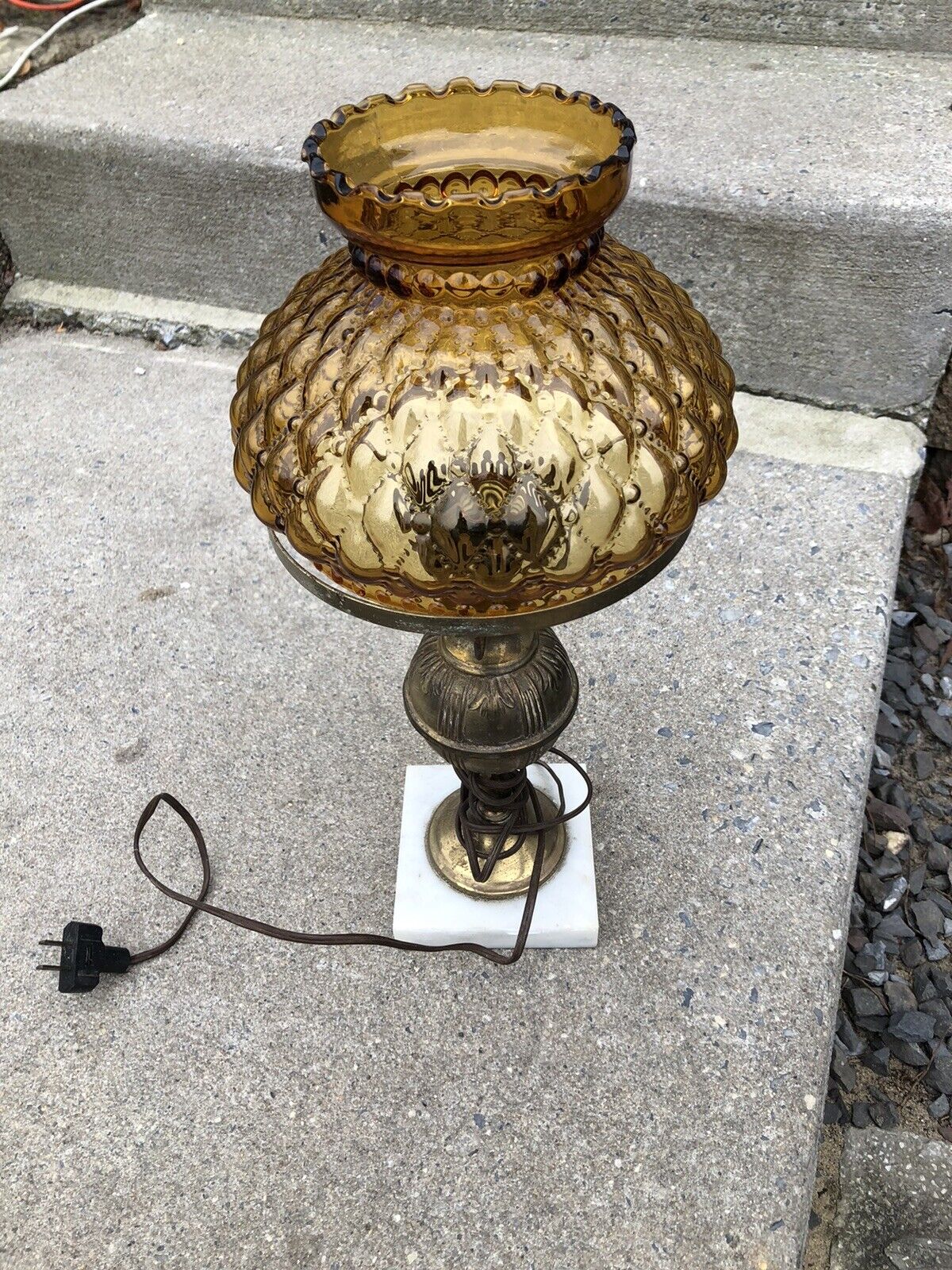 Vintage~Amber Glass~Lamp~Marble Base~Amber Quilted Glass Shade~Table Lamp~1960\'s