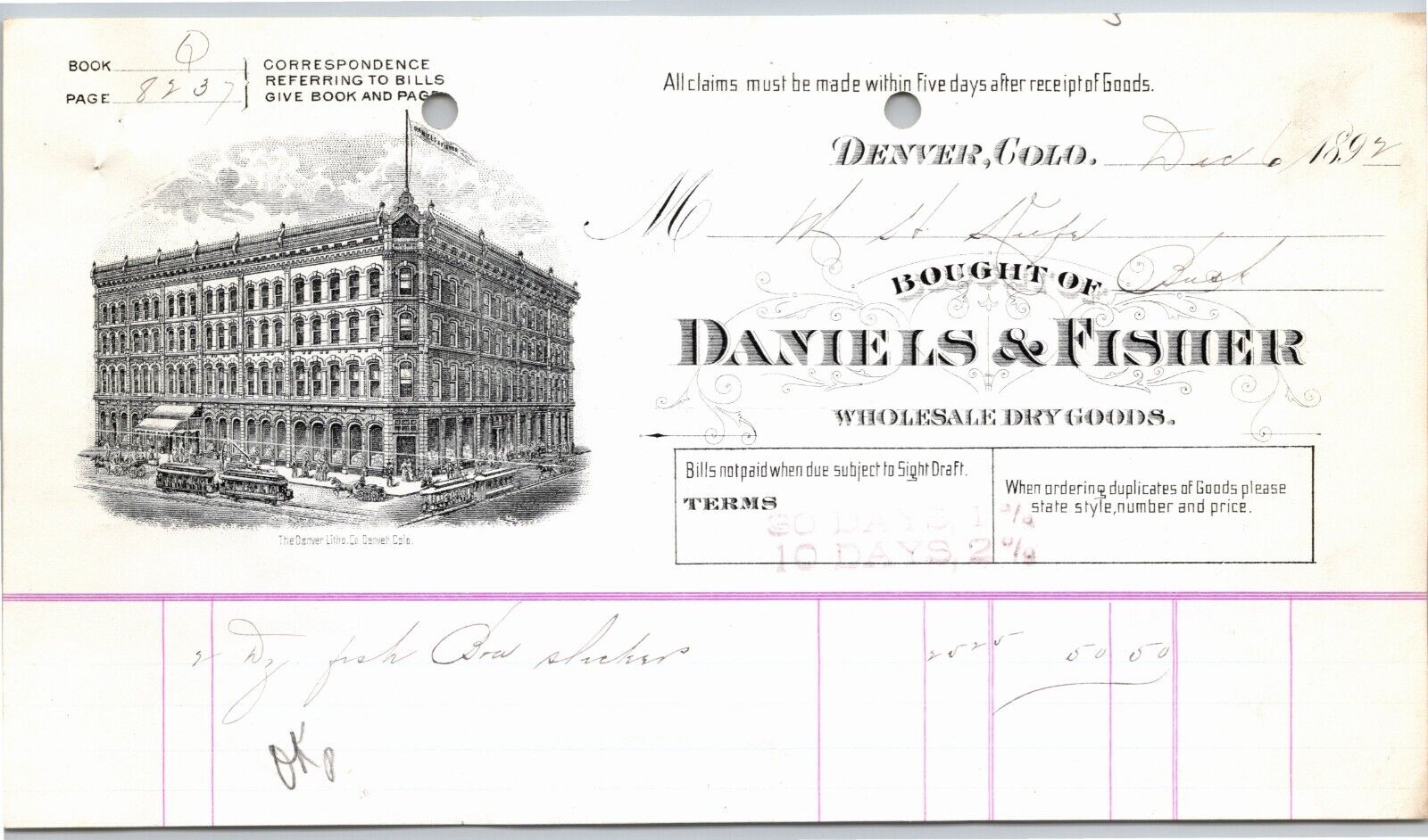 1892 Denver, CO Daniels & Fisher Wholesale Dry Goods Letterhead - M.H. Keefe