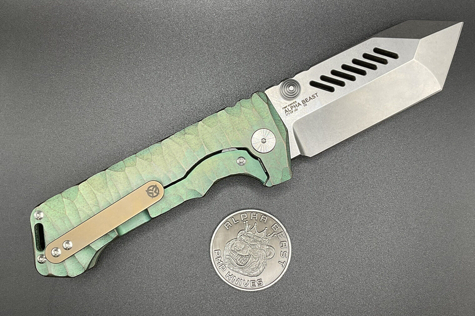 PMP Knives Alpha Beast Satin D2 Custom Green Rock Chisel Titanium #73/280