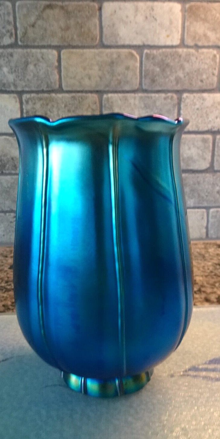 Vintage Blue Aurene Iridescent Art Glass Tulip 2\