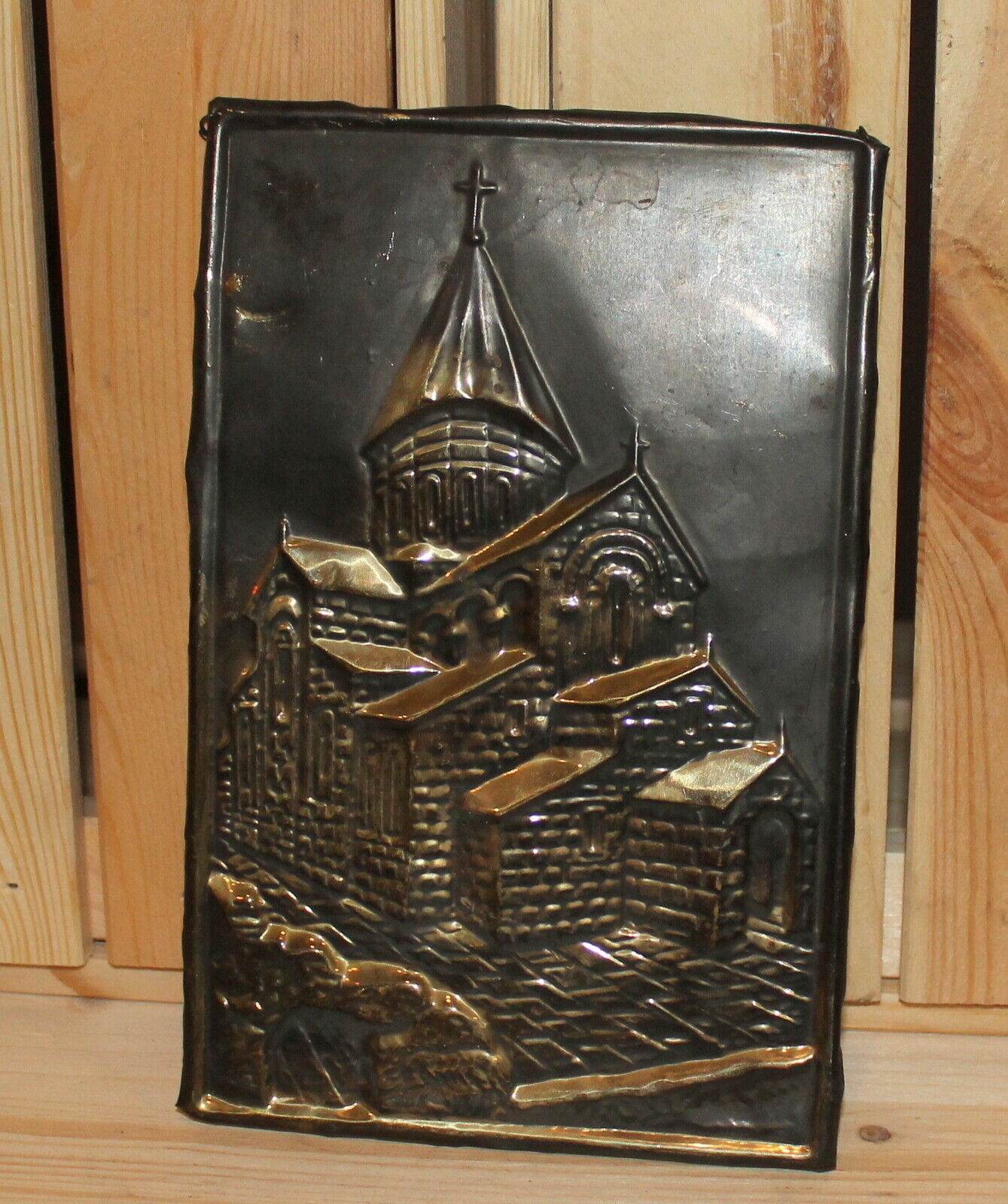 Vintage hand made brass wall hanging plaque monastery