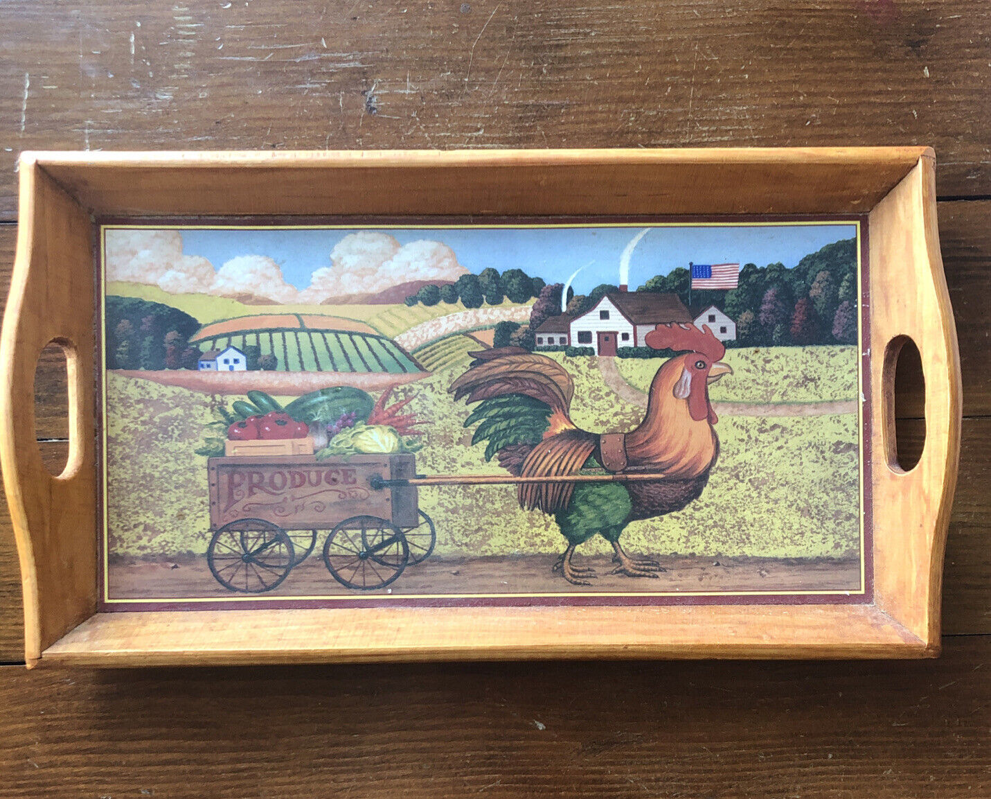 Vintage Rooster Cart Wooden Tray