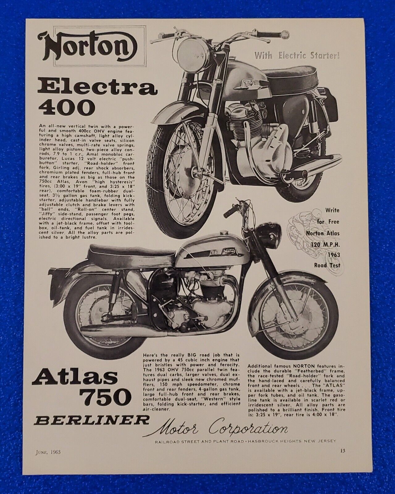 1963 NORTON ELECTRA 400 & ATLAS 750 MOTORCYCLES ORIGINAL VINGAGE PRINT AD LOT B2
