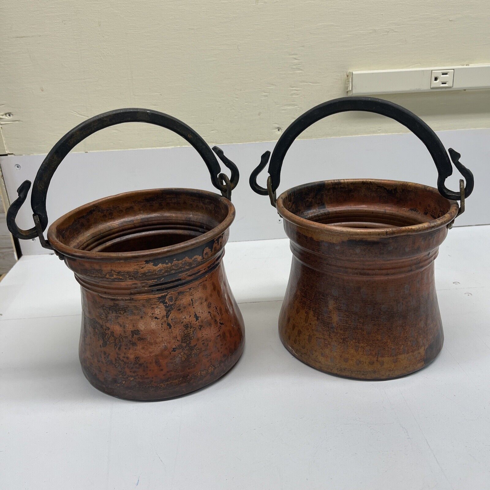 Set of 2 IMAX Vintage Copper Cauldrons Pots Planters with Handles Made in Turkey
