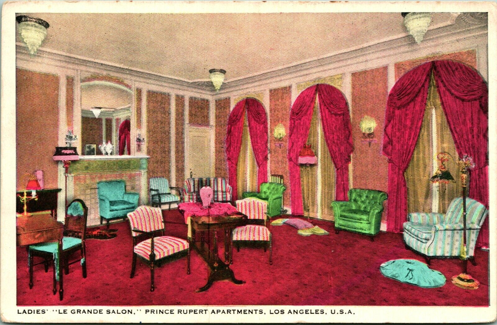 Vtg Postcard  Int Ladies' Le Grande Salon Prince Rupert Apartments Los Angeles 
