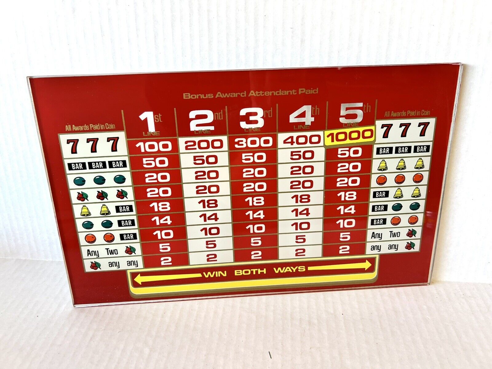 VTG Vegas MGM Slot Machine Reel Glass Chicago Casino Game Jackpot Red 5 Line 13”