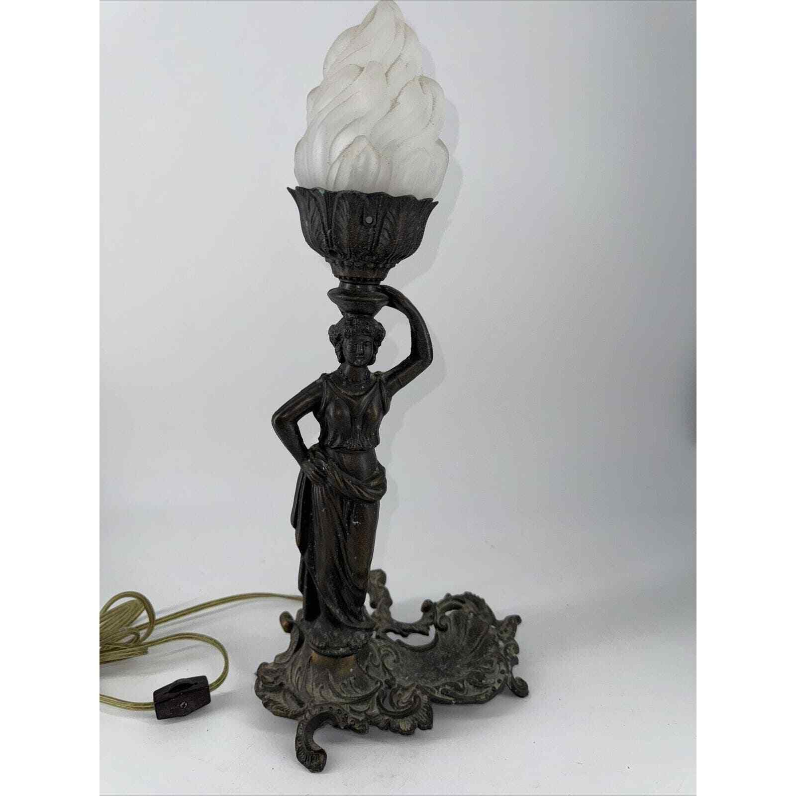 Grecian Lady Metal Lamp w/tray Art Deco w/Frosted Glass Flame Globe Light Works