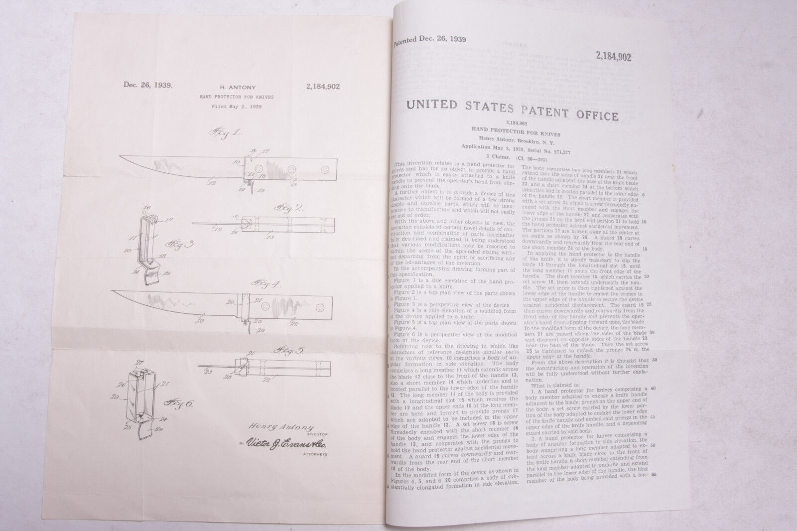 1940 Lamson Goodnow Henry Antony Knife Hand Protection Patent Ephemera P572E